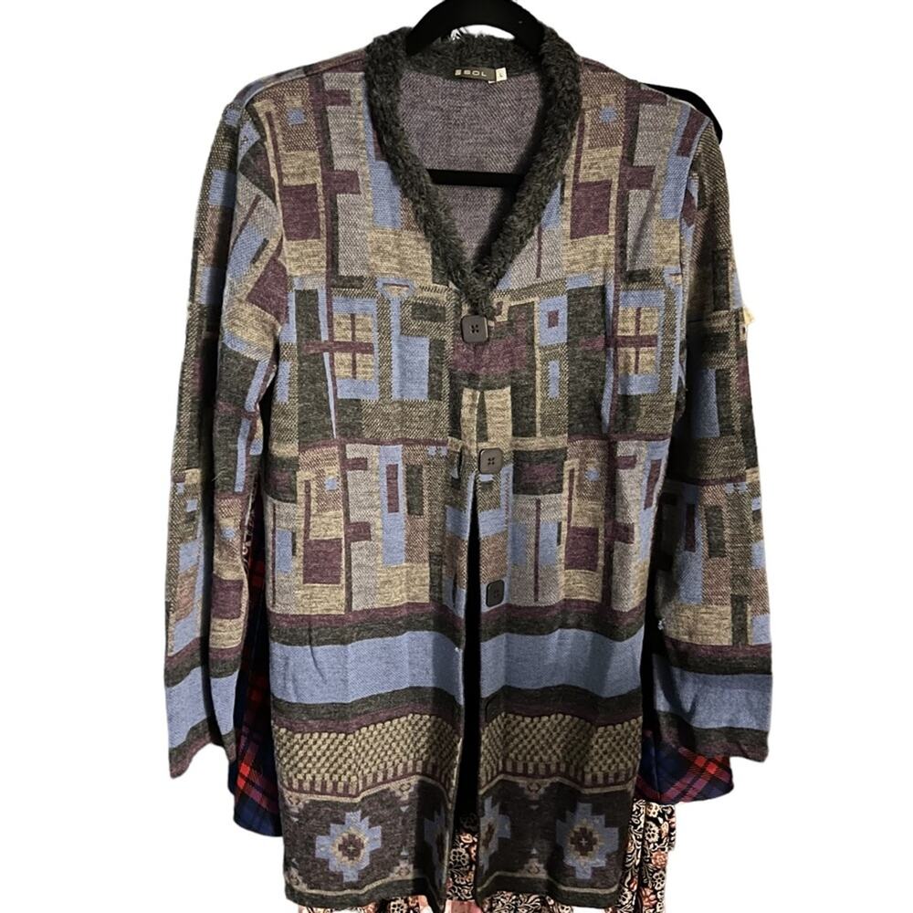 SOL Women Large Baby Alpaca Cardigan Sweater Merino Wool Fur collar Grandpa Warm